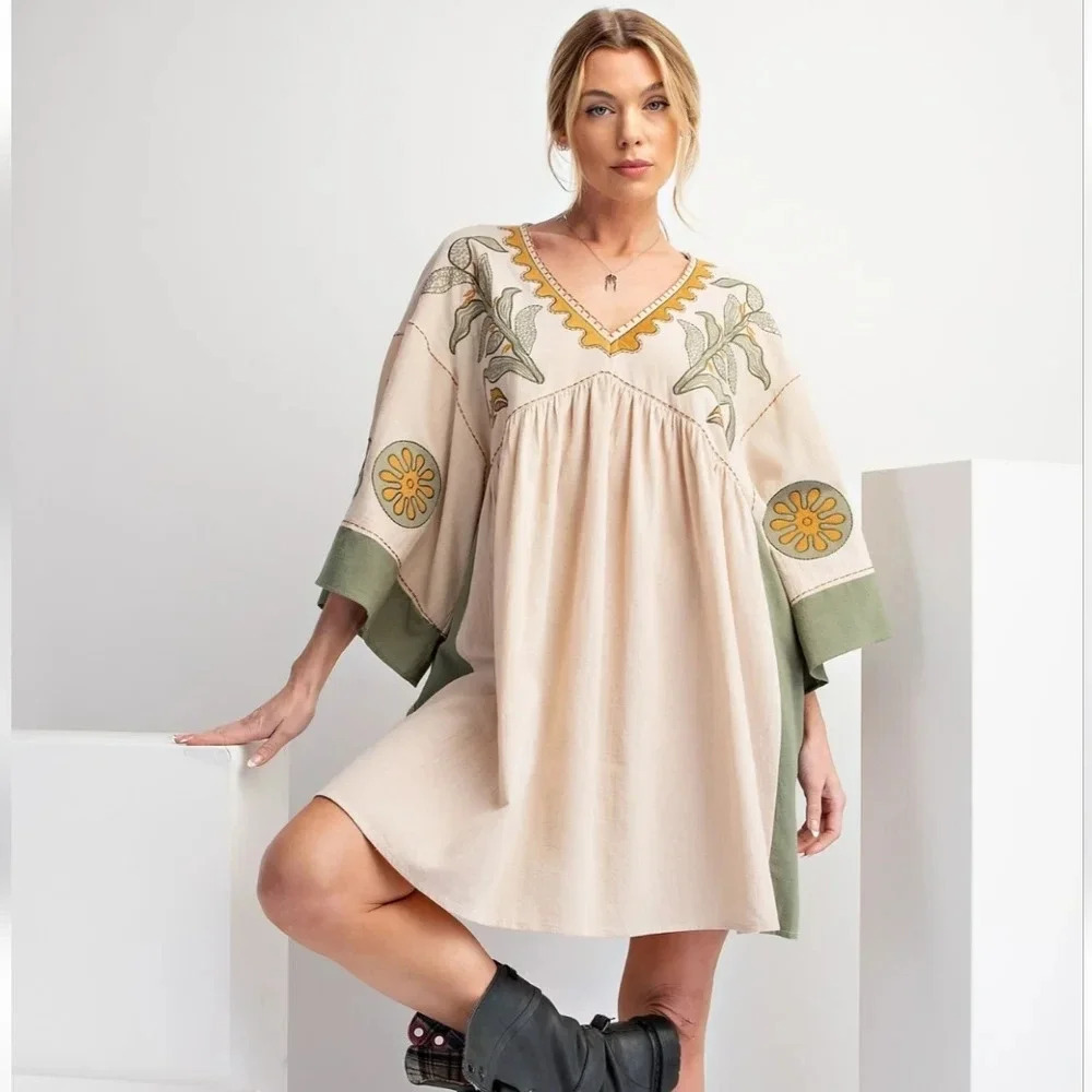 Easel Embroidered Boho Floral Poly Linen Woven Dress New